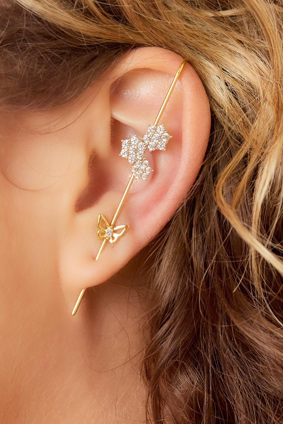 Fleurs et papillon de chenille d'oreille Argenté Cuivré Image2